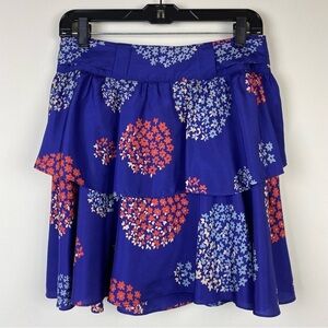Anthropologie Odille Silk Tiered Ruffle Skirt, Blue, Red, Beige‎ Floral, Size 4